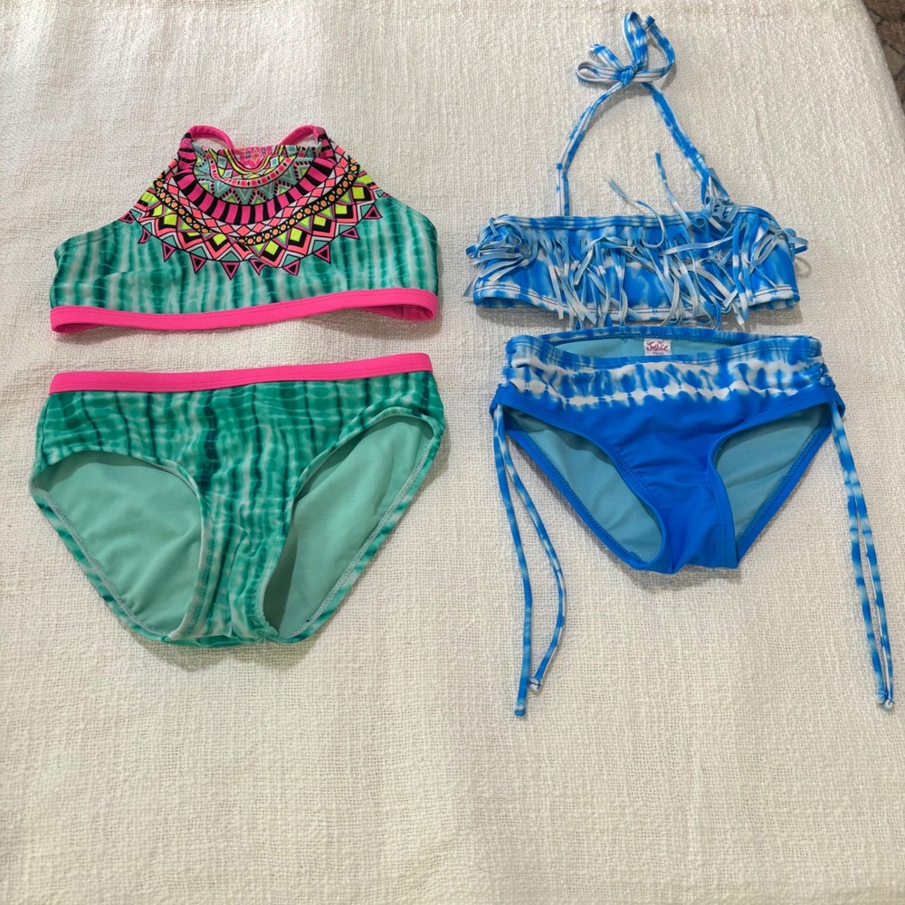Justice Girls Bikini Swimsuit Bundle Tie Dye Fringe Tribal Green Blue Size 5 6